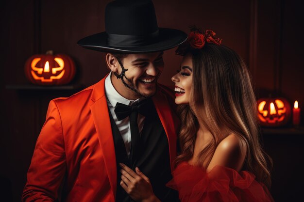 Retrato de um casal feliz vestido com trajes de Halloween com Jack o Lantern
