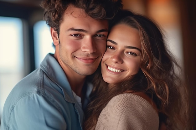 Retrato de um casal homem e mulher abraçando enquanto sorria