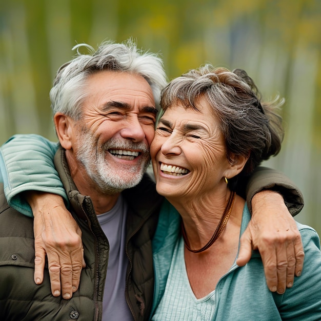 Foto retrato de um casal idoso abraçando-se e sorrindo