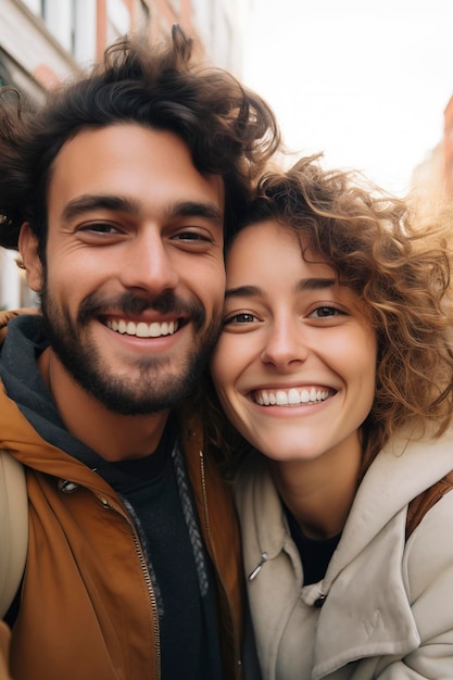 Foto retrato de um casal jovem na rua da cidade homem e mulher do milênio tirando uma foto selfie ao ar livre com casas e carros no fundo retrato de pessoas de expressão feliz amizade e relacionamento