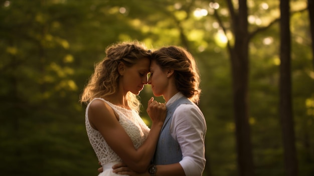 Foto retrato de um casal lgbt feliz do mesmo sexo se beijando durante o casamento criado com tecnologia generative ai