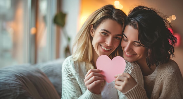 Retrato de um casal lgbt segurando um coração de papel e um casal feliz e sorridente celebrando o amor