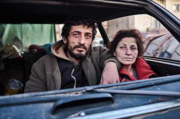 Retrato de um casal morando nas ruas em seu carro criado com IA generativa