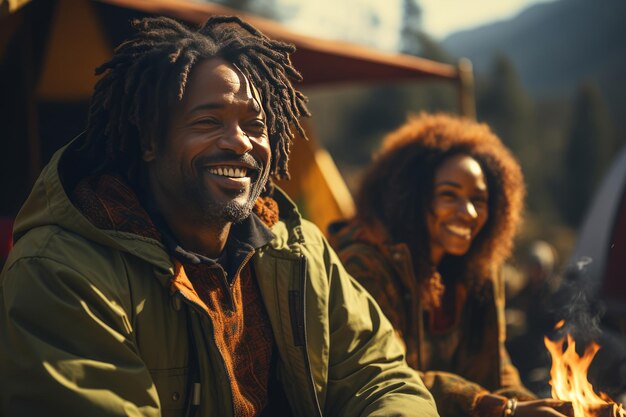 Retrato de um casal multiétnico feliz nas montanhas contra o fundo de um acampamento de tendas jovem