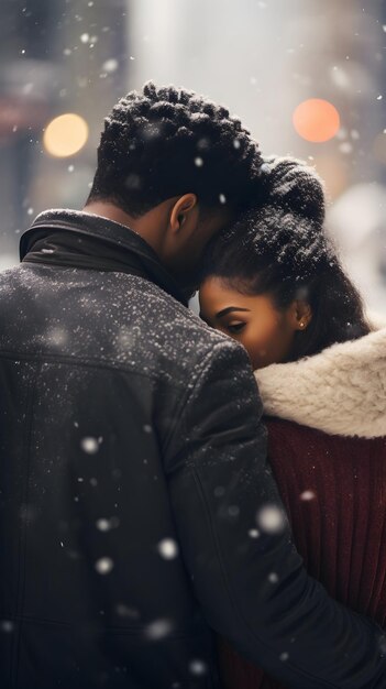 Retrato de um casal negro feliz com ambiente de inverno como fundo com espaço para texto