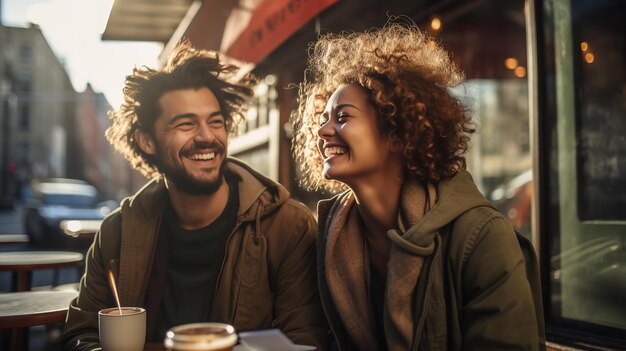 Foto retrato de um casal sentado fora de uma mesa de café posando para o dia dos namorados