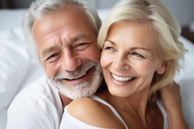 Retrato de um casal sorrindo enquanto deitado juntos na cama criado com generative ai