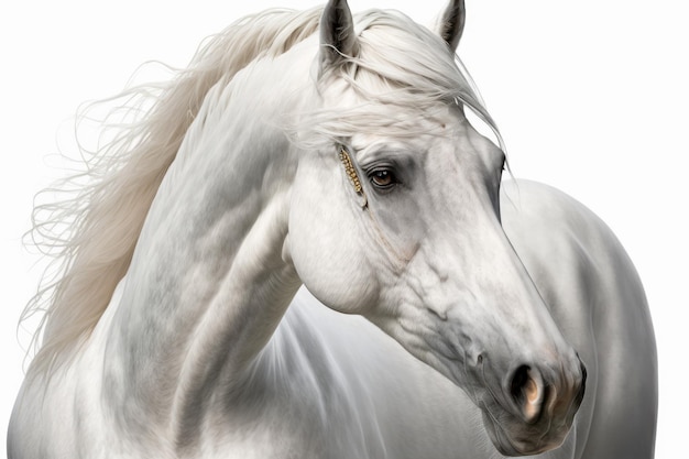 Retrato de um cavalo árabe branco em uma vista frontal de fundo branco