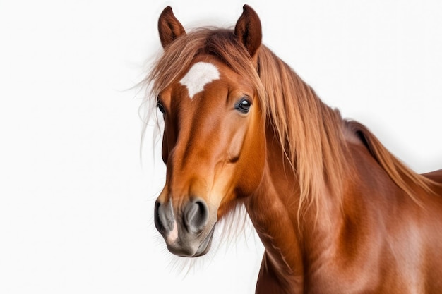 Retrato de um cavalo castanho com longa crina em fundo branco