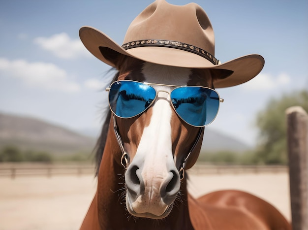 Foto retrato de um cavalo com um chapéu de cowboy e óculos de sol