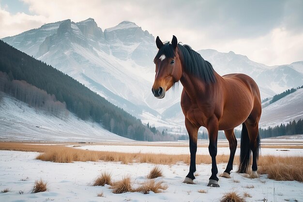 Retrato de um cavalo de pé no campo perto de uma montanha durante o inverno