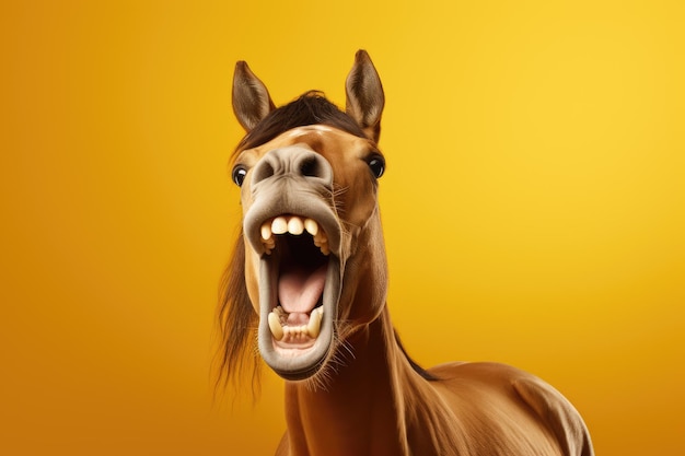 Foto retrato de um cavalo marrom engraçado rindo em uma fotografia de estúdio premiada com fundo amarelo