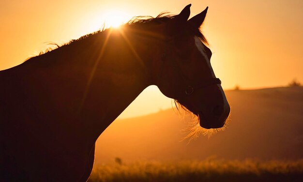 Foto retrato de um cavalo nos raios do sol pôr