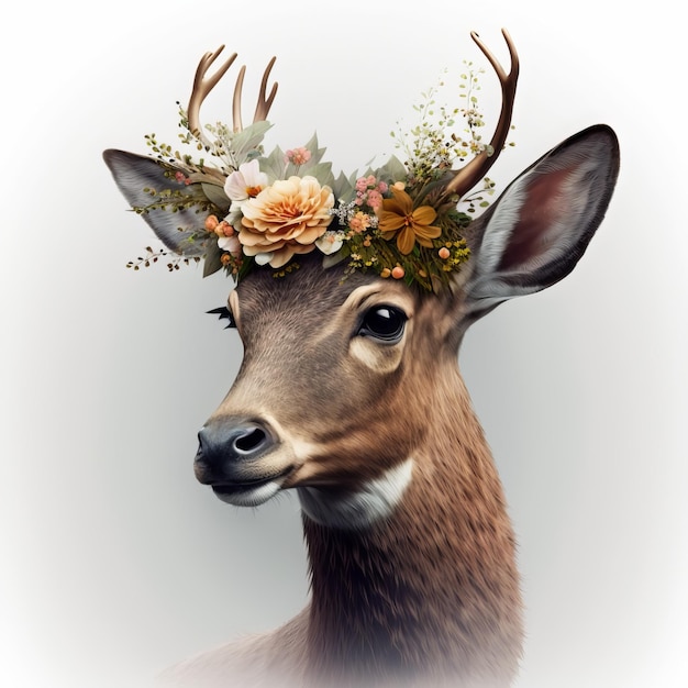 Retrato de um cervo, com uma coroa de flores