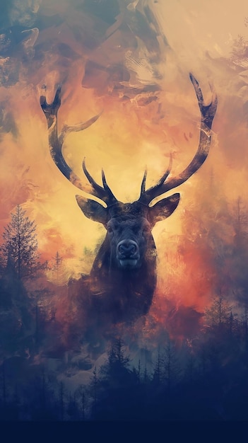 Retrato de um cervo durante a estação de matança na floresta ao pôr-do-sol Paisagem de fundo da natureza