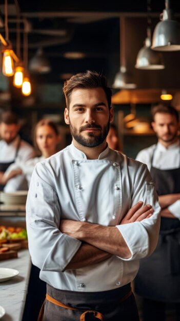 Retrato de um chef de pé com sua equipe em foco nítido no fundo