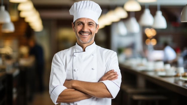 Retrato de um chef feliz de pé com os braços cruzados em um restaurante