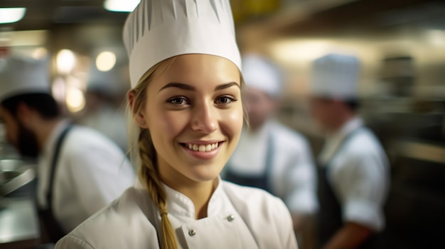 Retrato de um chef feliz de pé na cozinha com a mão no quadril