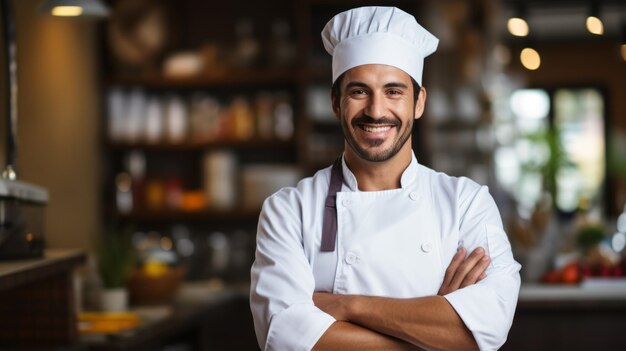 Retrato de um chef feliz em uma cozinha comercial