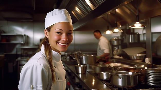 Foto retrato de um chef feliz na cozinha