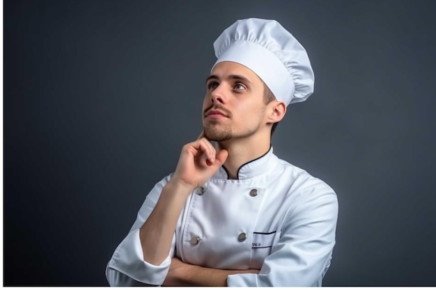 Retrato de um chef masculino barbudo em um uniforme branco sobre um fundo cinza