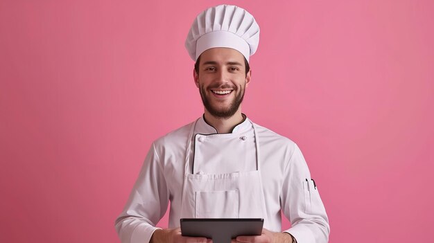 Retrato de um chef segurando uma tecnologia de aba um tema de digitalização contra uma superfície limpa com espaço de cópia IA geradora