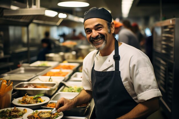 Foto retrato de um chef sorridente de pé na cozinha de um restaurante