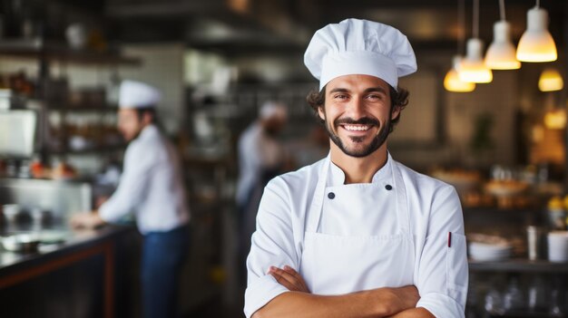 Retrato de um chef sorridente em uma cozinha comercial