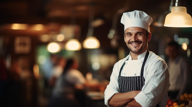 Retrato de um chef sorridente num restaurante