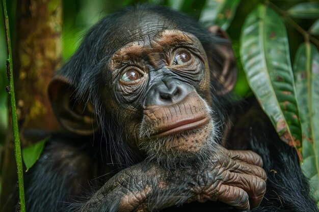 Retrato de um chimpanzé atencioso em seu habitat natural, cercado de folhagem verde exuberante