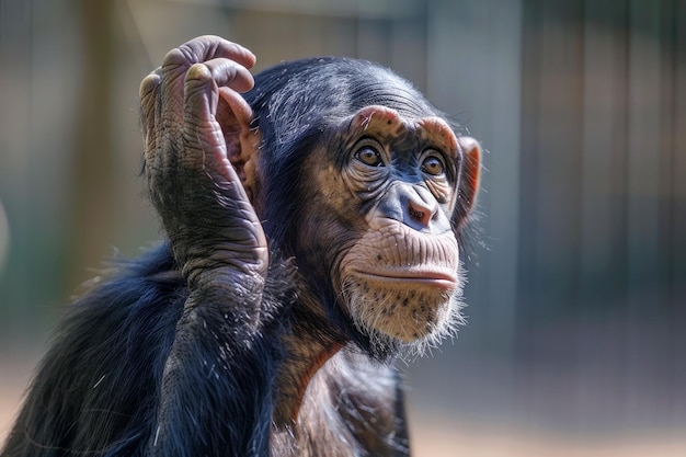 Retrato de um chimpanzé pensativo em uma pose contemplativa atrás de grades em um santuário de vida selvagem
