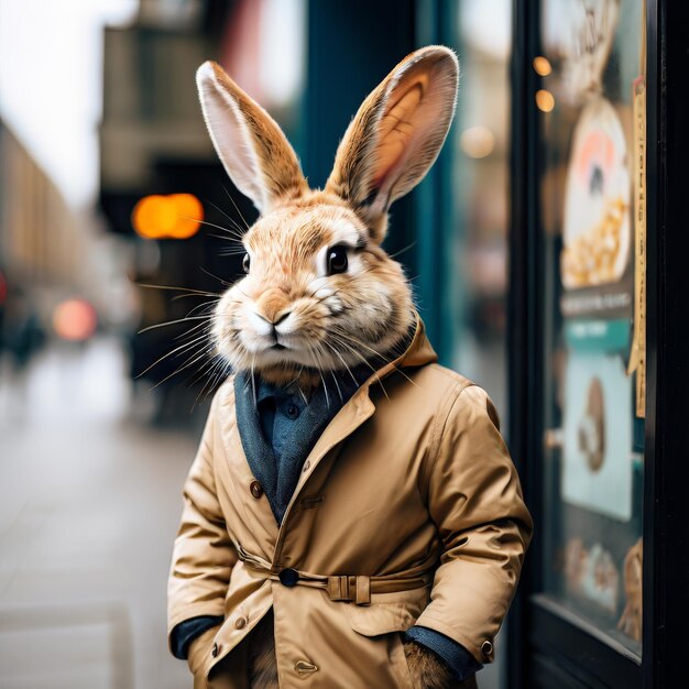 retrato de um coelhinho bonito em um casaco com um saco de café em suas mãos retrato de Um coelho bonito