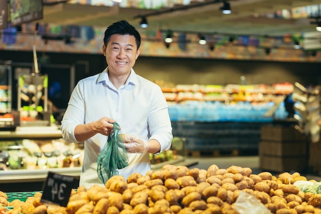 Retrato de um comprador asiático no departamento de mercearia de um supermercado, um homem escolhe legumes e