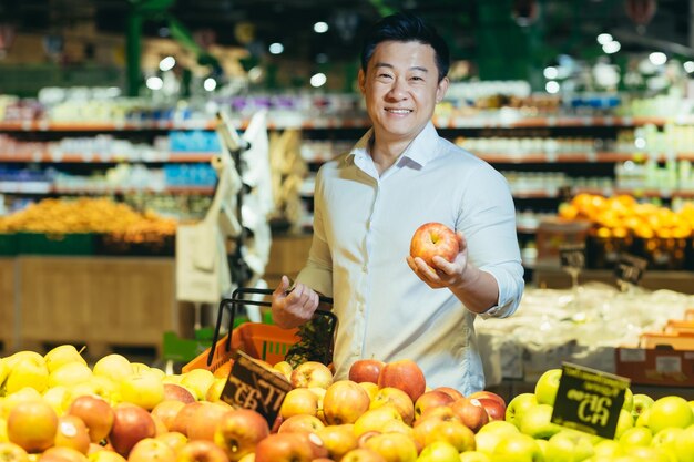 Retrato de um comprador de supermercado asiático escolhe frutas de maçã e coloca no cesto em saco ecológico homem sorrindo