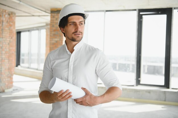 Retrato de um construtor arquiteto estudando o plano de layout dos quartos, engenheiro civil sério trabalhando com documentos no canteiro de obras, construção e renovação de casa, capataz profissional no trabalho.