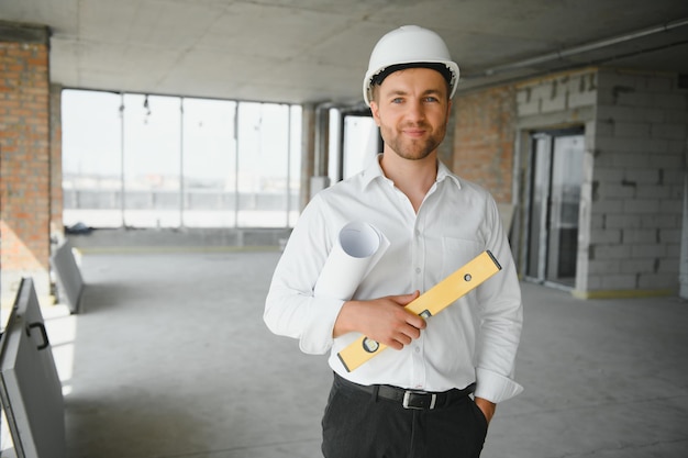 Retrato de um construtor arquiteto estudando o plano de layout dos quartos, engenheiro civil sério trabalhando com documentos no canteiro de obras, construção e renovação de casa, capataz profissional no trabalho.