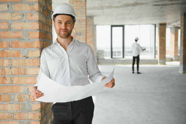 Retrato de um construtor de arquiteto estudando o plano de layout dos quartos engenheiro civil sério trabalhando com documentos na construção do canteiro de obras e capataz profissional de renovação doméstica no trabalho