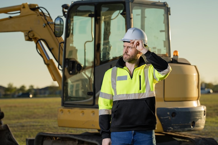 Foto retrato de um construtor em um canteiro de obras construidor com escavadora pronta para construir uma nova casa construidor de construção usa uniforme de construção em caminhão de escavação construidor de escavação