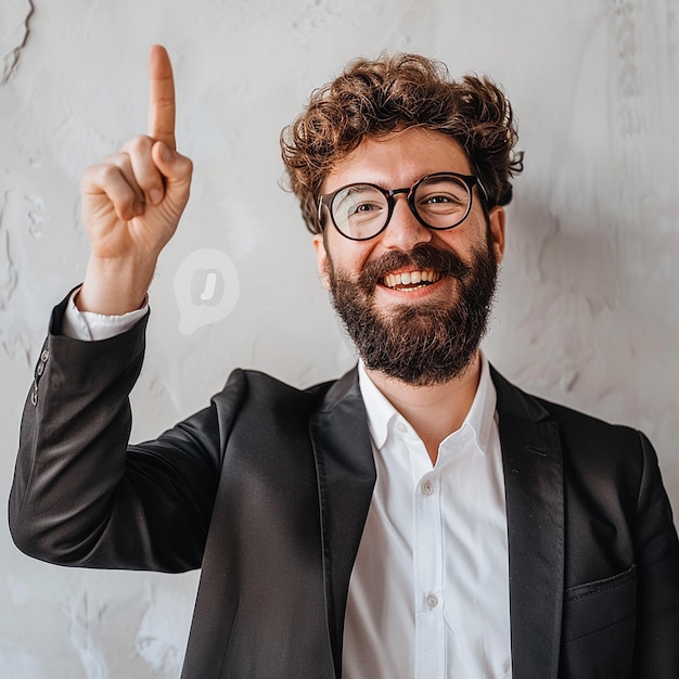 Retrato de um consultor de gestão apontando para cima com um rosto feliz