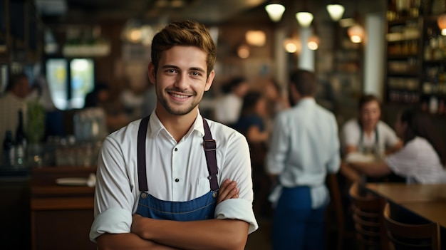 Retrato de um cozinheiro caucasiano sorridente em um restaurante