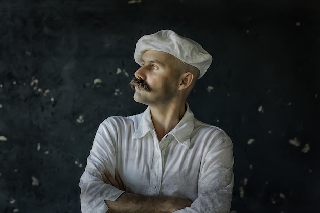 Retrato de um cozinheiro de bigode brutal, no boné branco de uniforme de profissão. homem de óculos