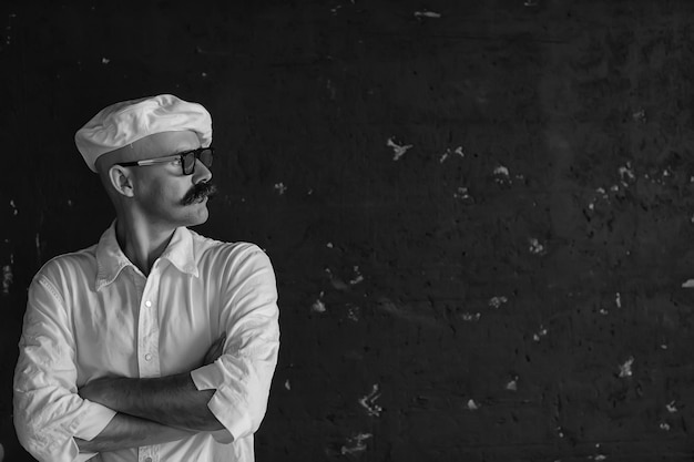 Retrato de um cozinheiro de bigode brutal, no boné branco de uniforme de profissão. homem de óculos