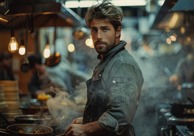 Retrato de um cozinheiro em uma cozinha comercial