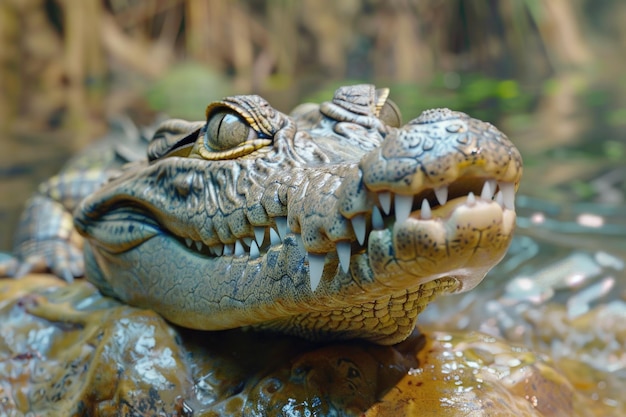 Retrato de um crocodilo de água doce com a boca aberta ao lado de um rio