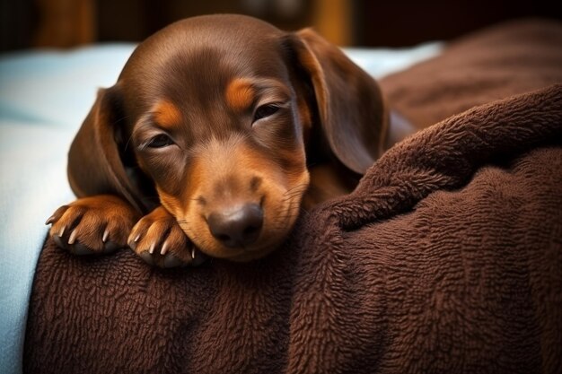 Foto retrato de um dachshund dormindo em um cobertor