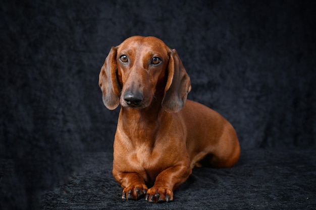 Retrato de um dachshund vermelho sobre um fundo preto