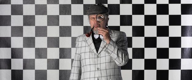 Foto retrato de um detetive em um terno xadrez