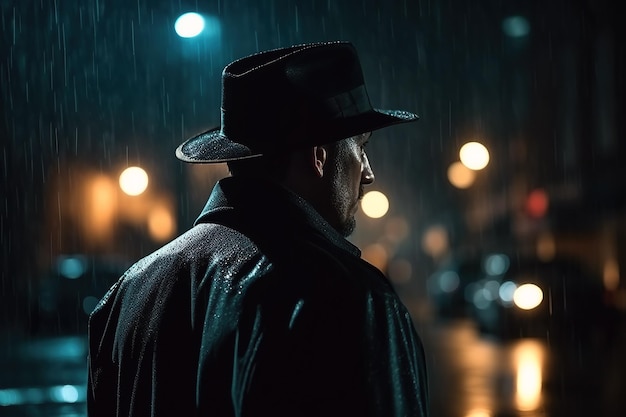 Retrato de um detetive espião de chapéu e capa de chuva na rua à noite na chuva Generative AI