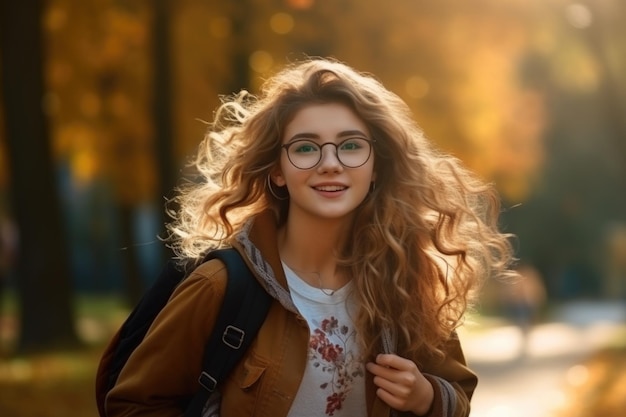 Foto retrato de um dia de outono de uma jovem sorridente com óculos