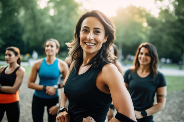 Retrato de um educador de saúde com um grupo de mulheres usando um rastreador de fitness no pulso